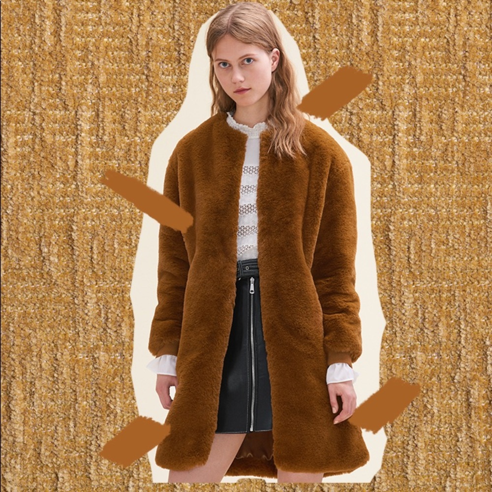 Maje Gamila faux fur coat size 36 leather trim